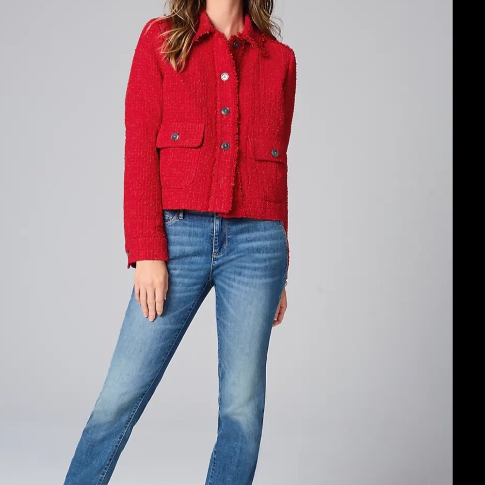 J Jill Textured Tweed Jacket Size Tall MT Women Cotton Blend Button In Ruby Red